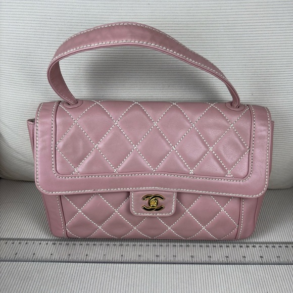 SOLD - CHANEL Pink Calfskin Wild Stitches Vintage Handle Flap Bag Large GHW - Picture 16 of 16